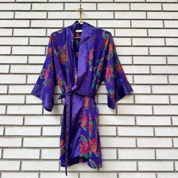 Vintage Victoria’s Secret Purple Satin Floral Kimono Robe OS Pockets Gold Label - Picture 1 of 11